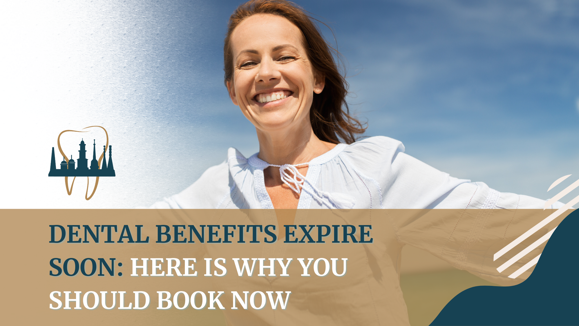 Smiling woman with arms outstretched, text: