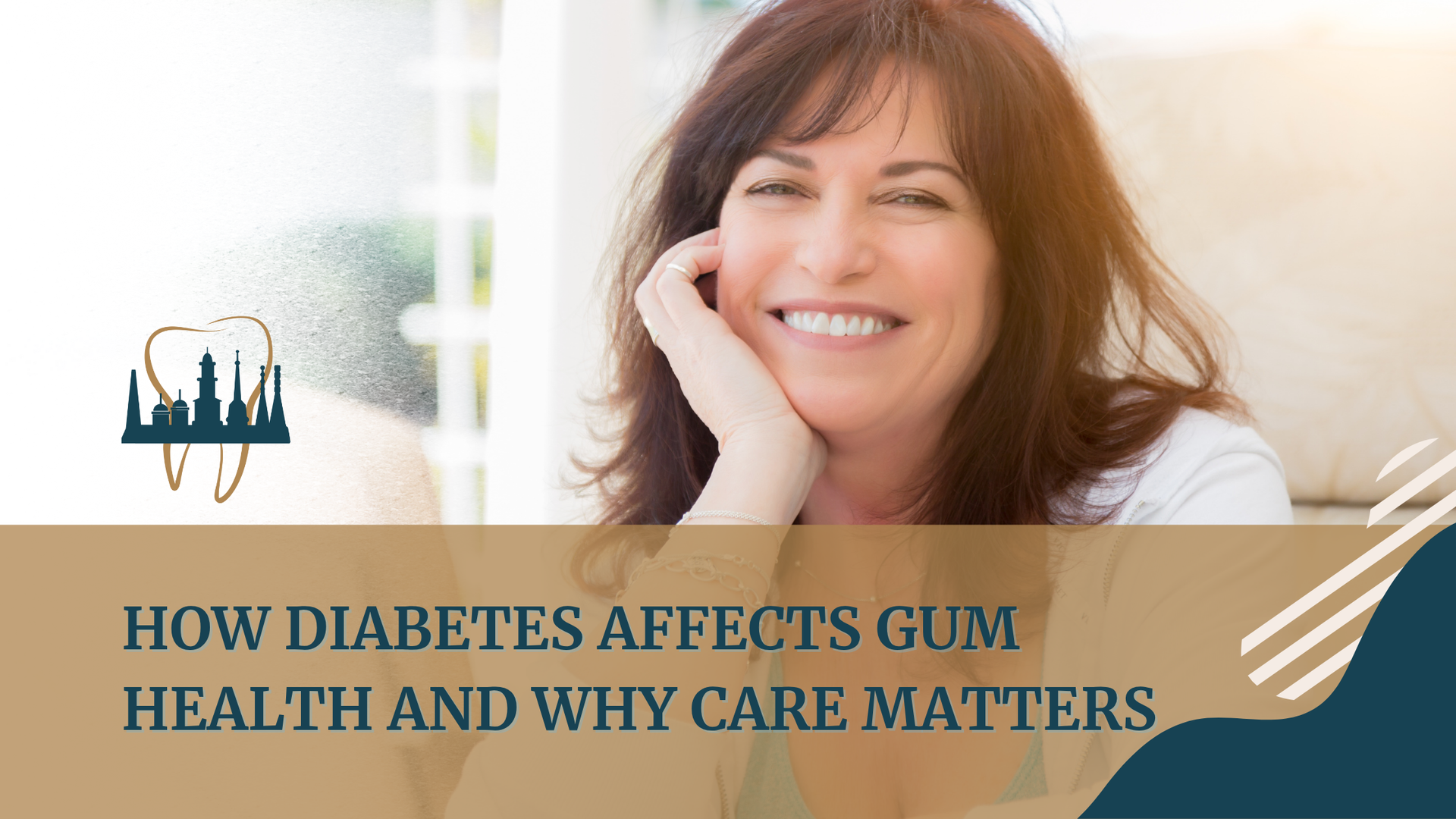 Woman smiling, leaning on hand. Text: