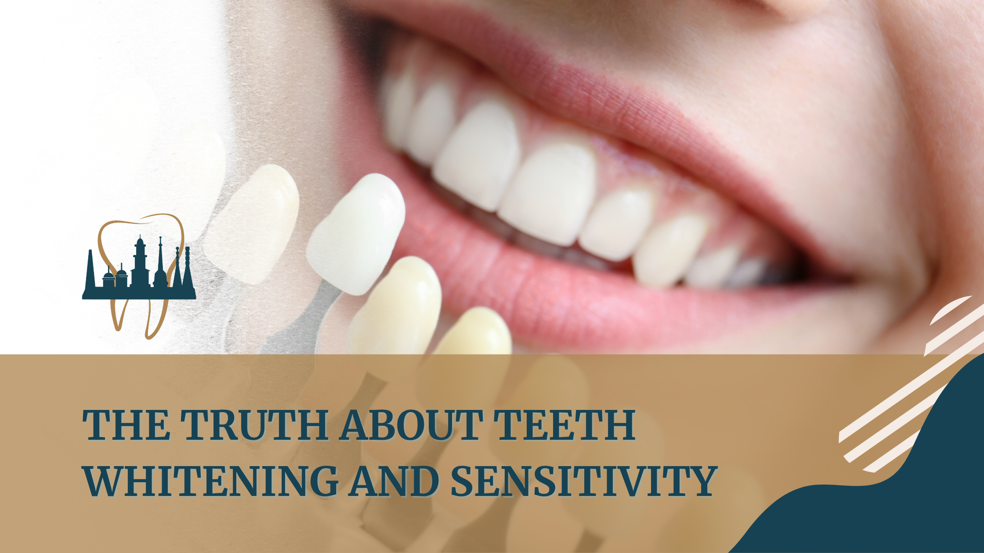 Close-up of bright smile with teeth whitening and sensitivity information, with tooth samples.