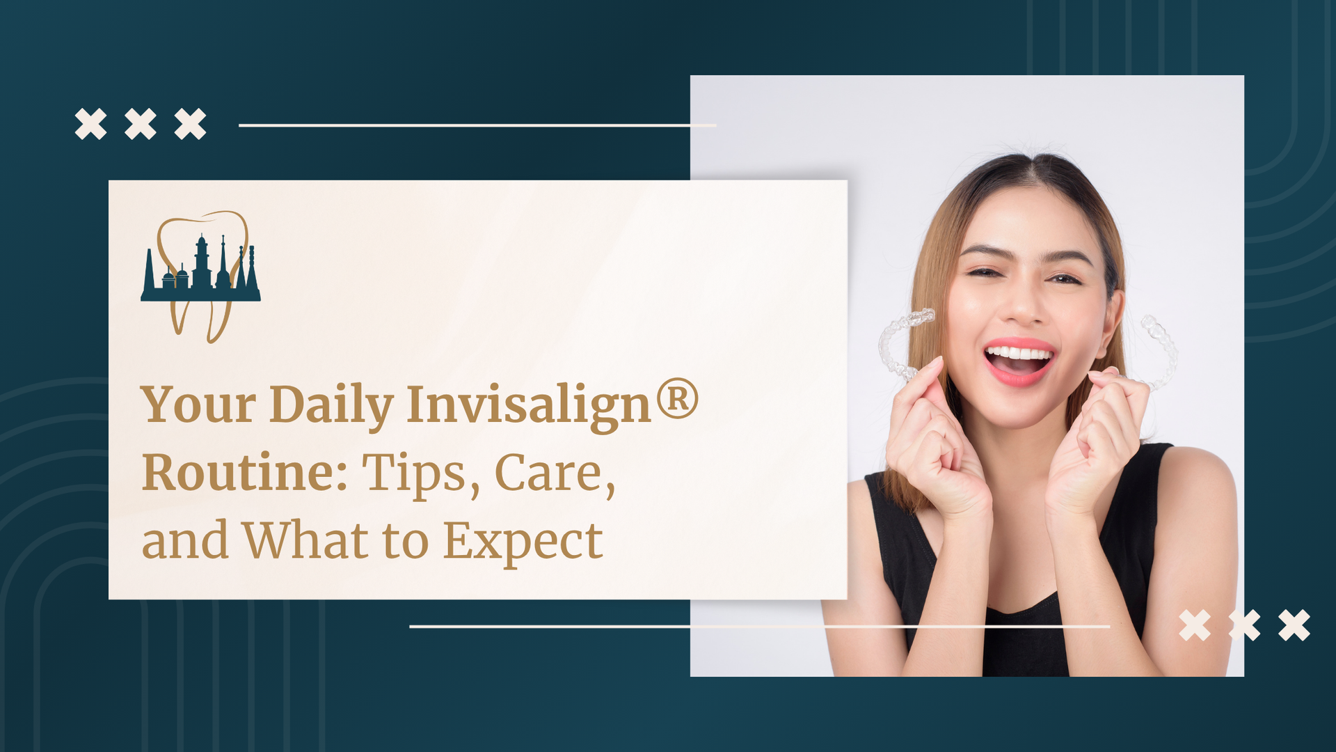 A woman with invisalign braces on her teeth is smiling.