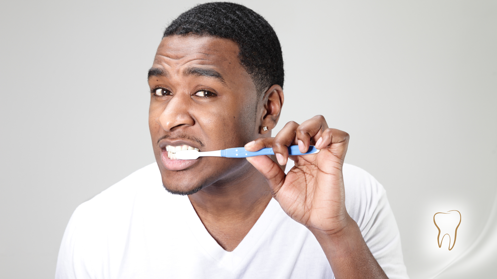 Man brushing his teeth with a toothbrush, brightens a tooth icon.