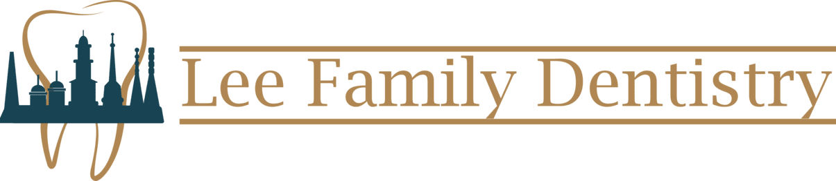 A logo for lee family dentistry with a tooth and buildings