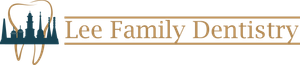 The logo for lee family dentistry shows a tooth and a city skyline.