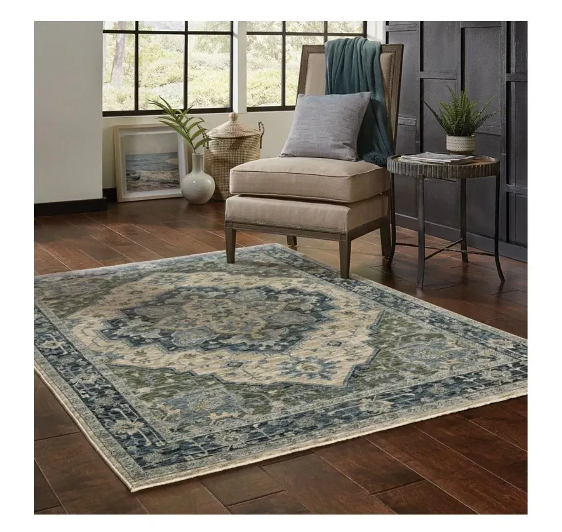 A living room with a chair and a rug on the floor.