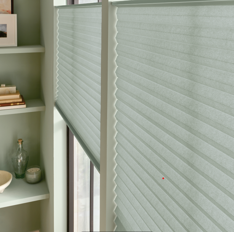 A window with a honeycomb blind on it