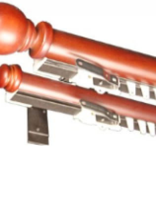 A pair of wooden curtain poles with metal brackets on a white background.