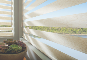 A window with a striped blind and a potted plant in front of it