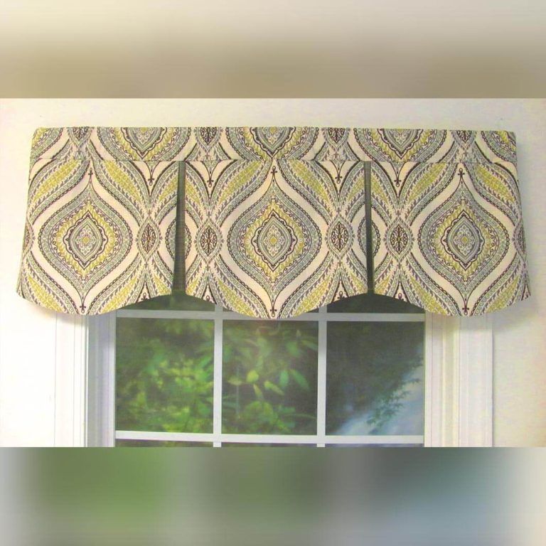 A window with a yellow and gray valance on it.