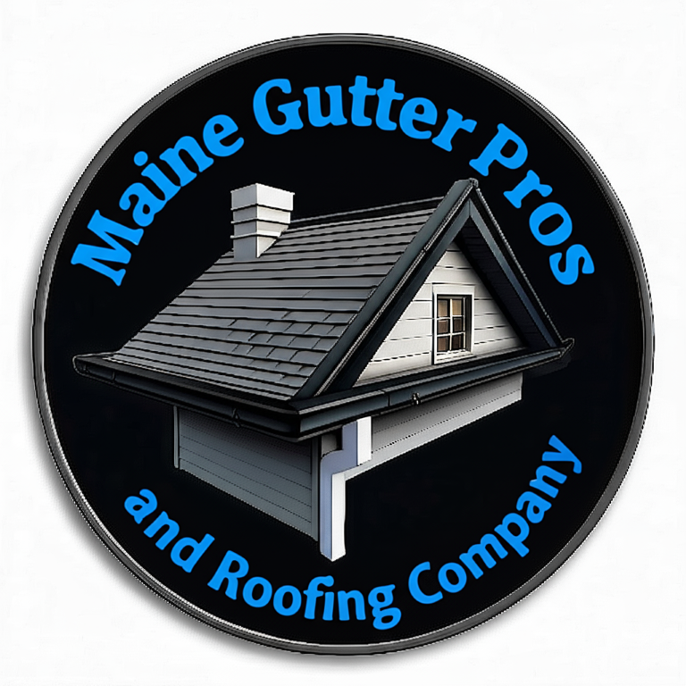 A logo for maine gutter pros and roofing company in portland maine