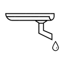 A black and white drawing of a gutter with a drop of water coming out of it.