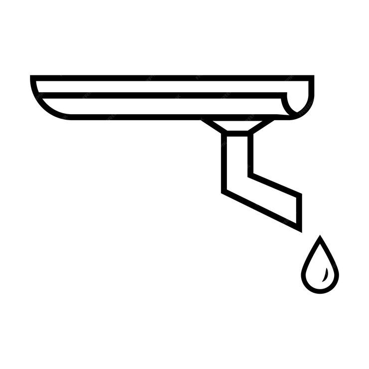 A black and white drawing of a gutter with a drop of water coming out of it.