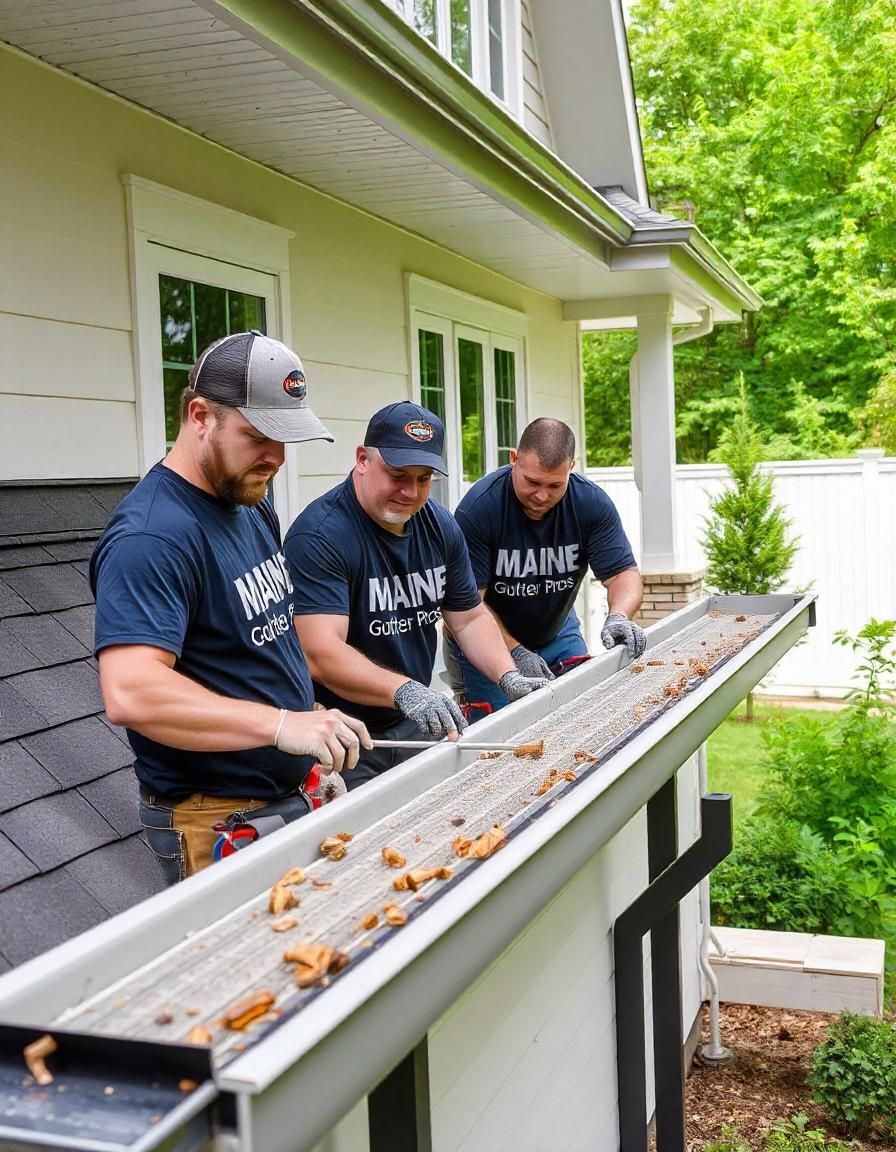 Three men are working on a gutter outside of a house.