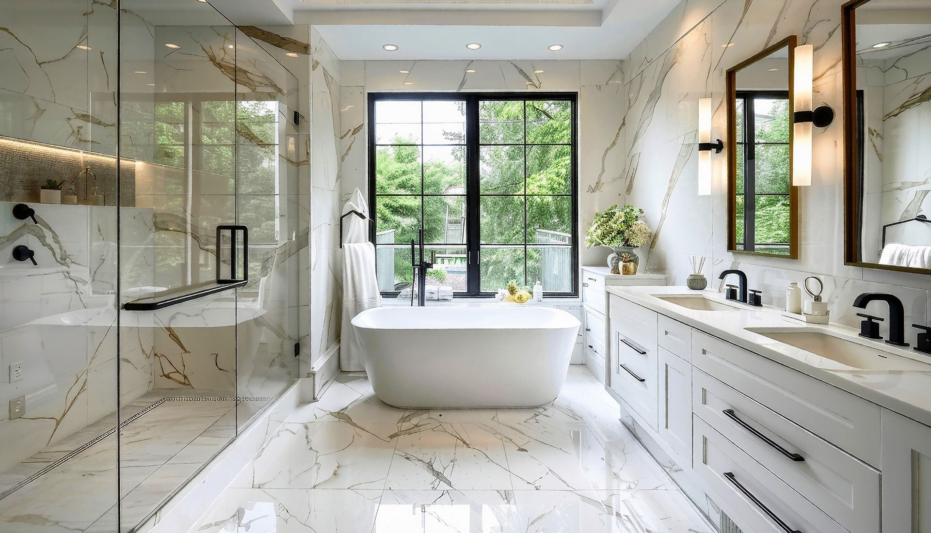 A bathroom with a tub , sinks , mirrors and a walk in shower.