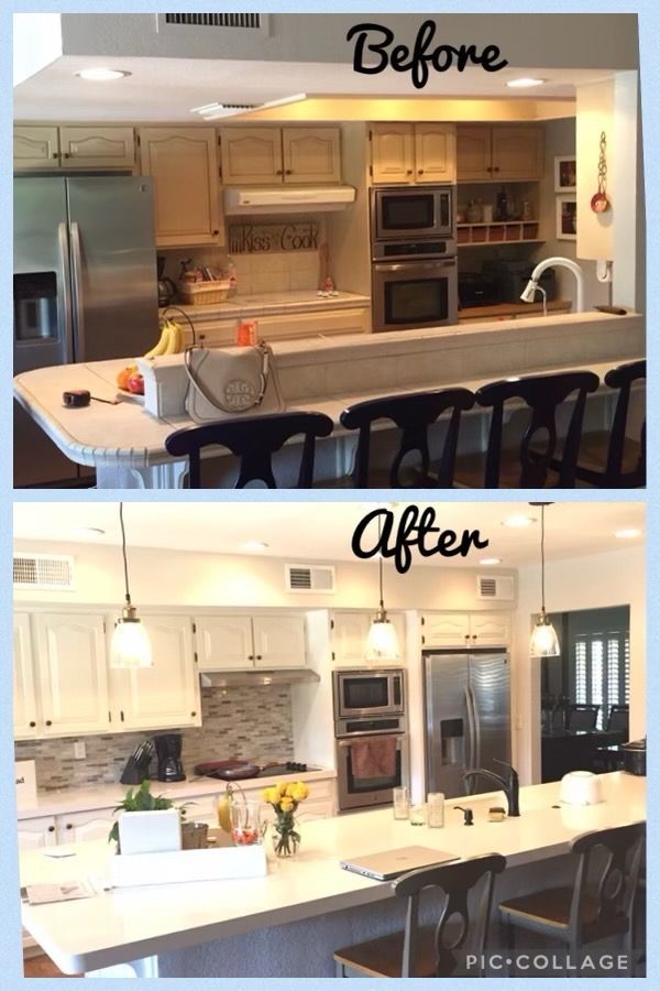 Side-by-side kitchen renovation: Before with dark cabinets, After with white, new backsplash, island update.