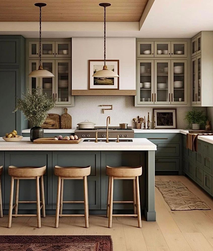 A kitchen with green cabinets and wooden stools