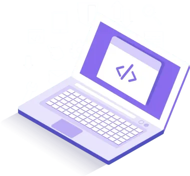 An isometric illustration of a laptop computer with a html code on the screen.