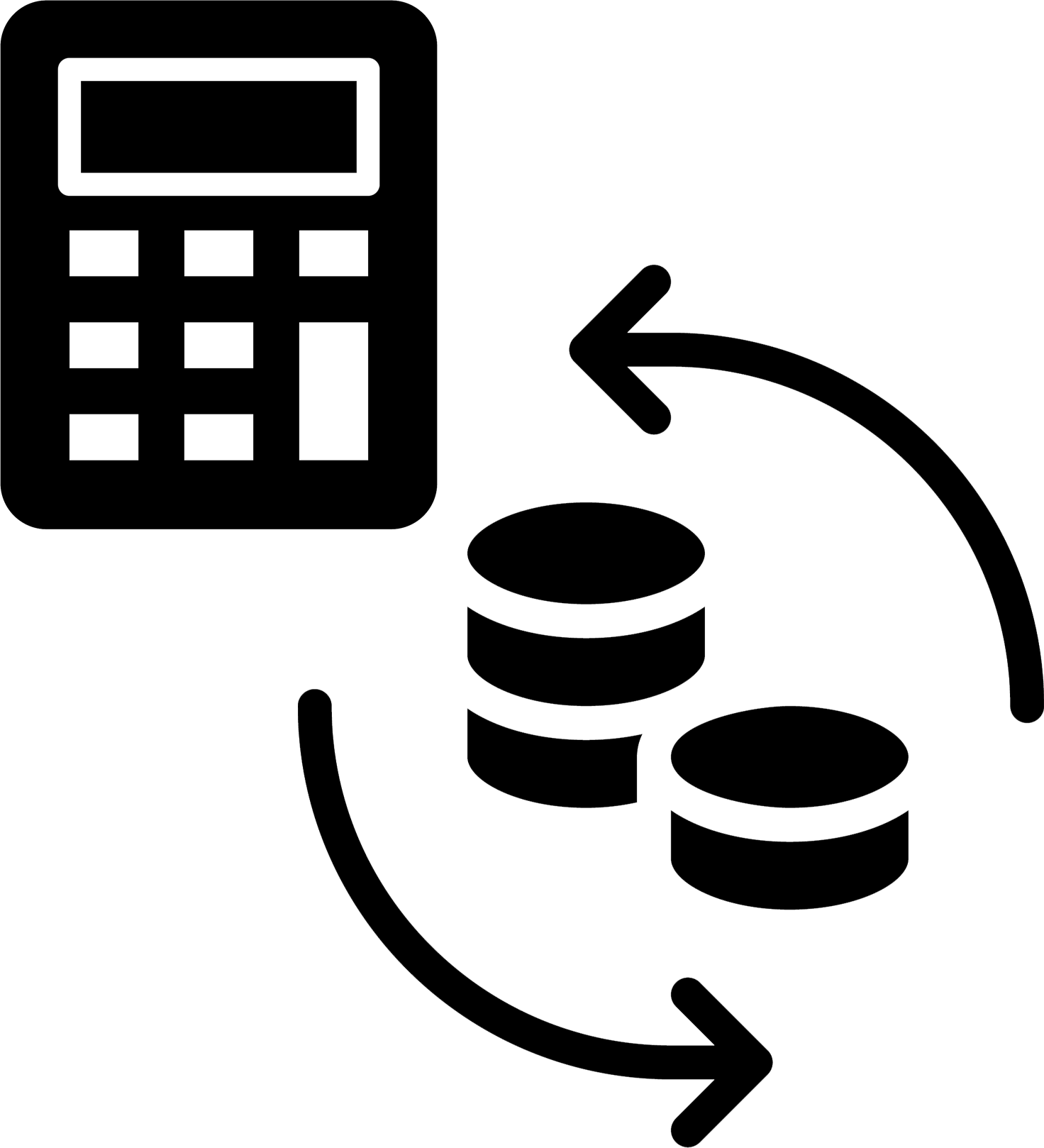 Calculator and coins with curved arrows, representing financial calculations or transactions.