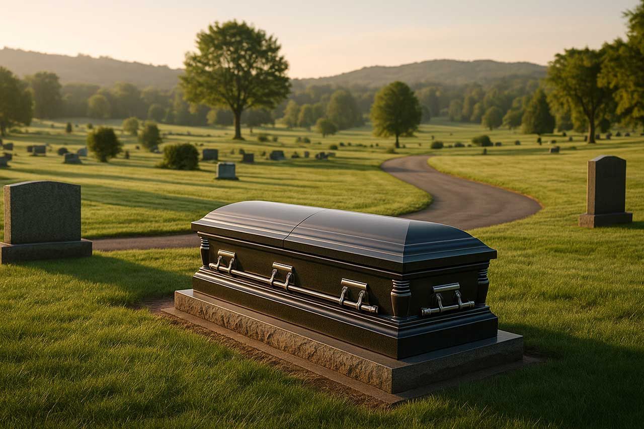 Dark Granite Casket in Peaceful Cemetery Landscape with Rolling Hills and Trees, Funeral Home and Cremations Mandeville, LA