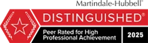 A red sign that says distinguished peer rated for high professional achievement