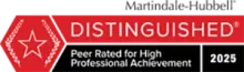 A red sign that says distinguished peer rated for high professional achievement