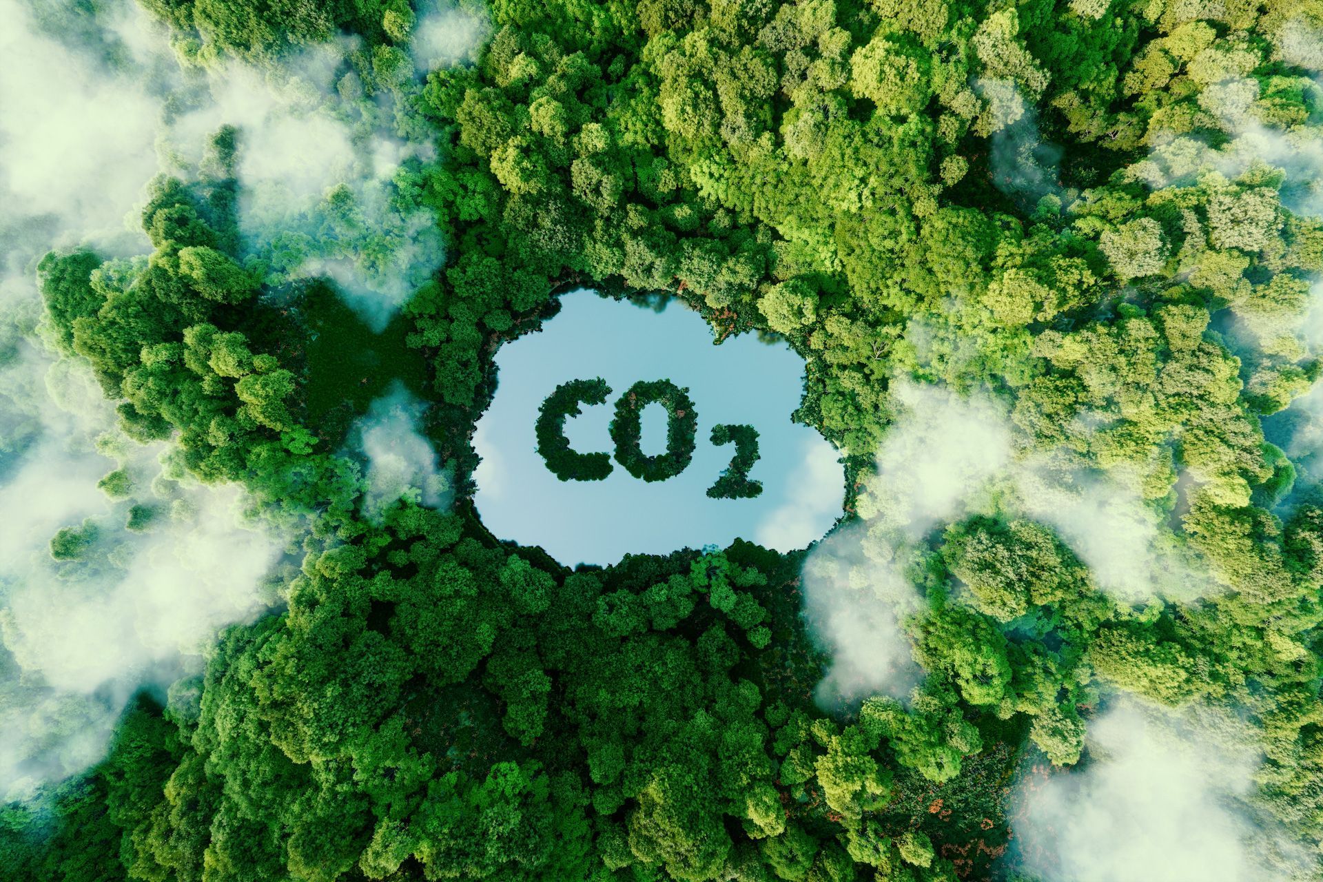An aerial view of a forest with a cloud made of co2