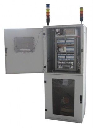 A white cabinet with the door open and a tower on top of it.