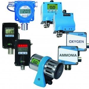 A group of oxygen and ammonia detectors on a white background