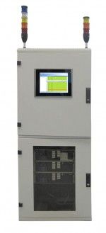 A white cabinet with a monitor and two lights on top of it.
