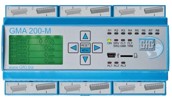 A blue and white gma 200-m device with a green screen