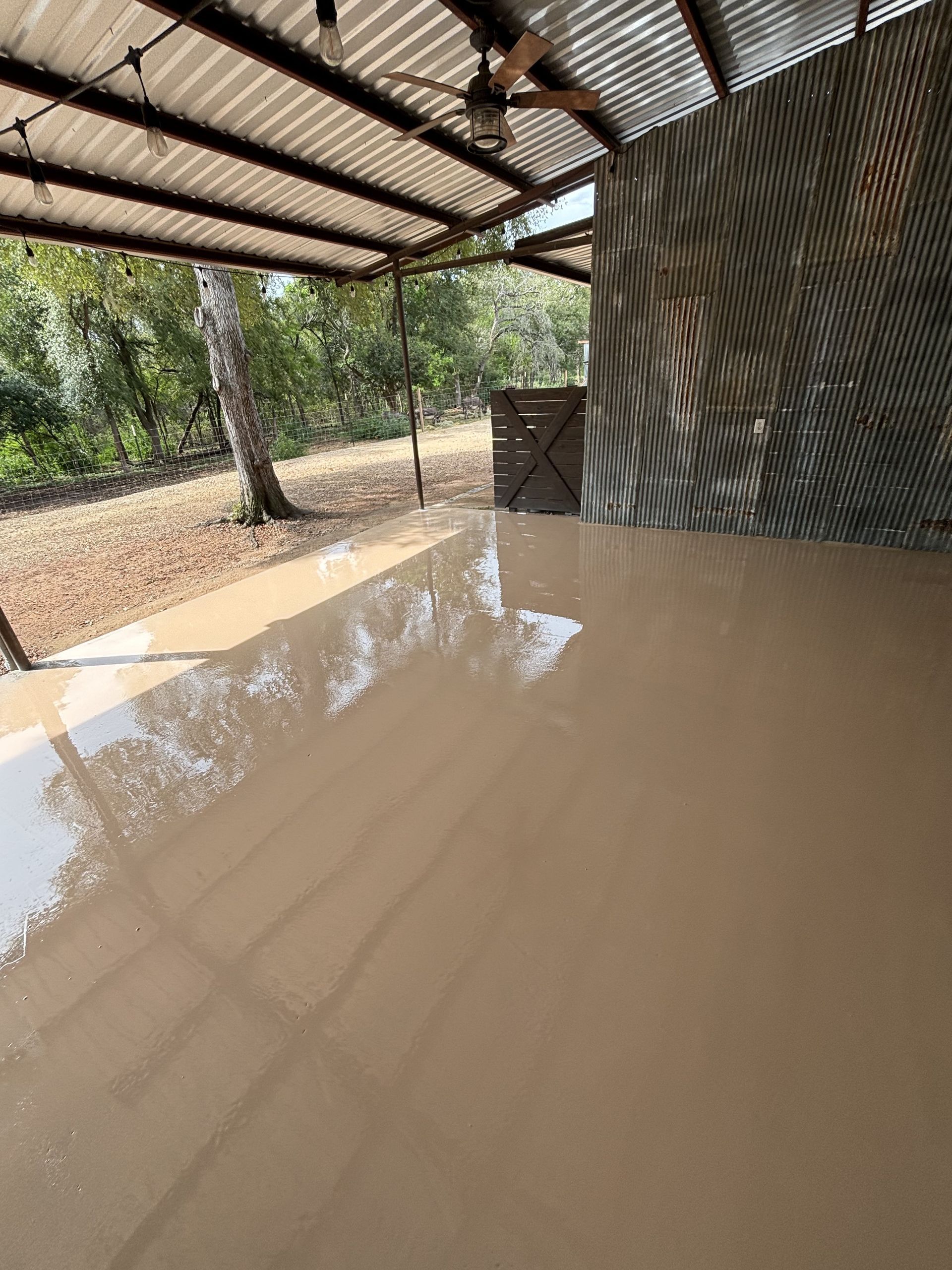 A covered structure with a flooded earthen floor. Brown water reflects the ceiling and a wooden door.