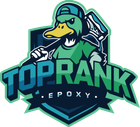 Duck mascot with a paint roller, wearing a backwards cap, "TOP RANK EPOXY" logo.