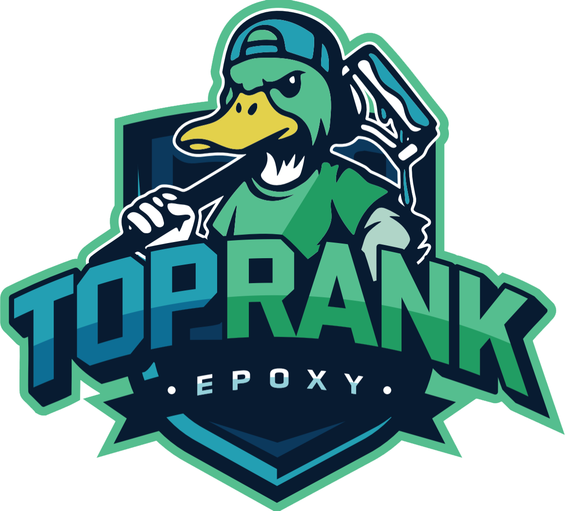 Duck mascot with a paint roller, wearing a backwards cap, "TOP RANK EPOXY" logo.