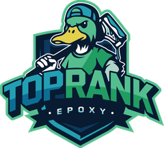 Duck mascot with a paint roller, wearing a backwards cap, "TOP RANK EPOXY" logo.
