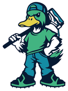 Duck mascot wearing cap and jeans, holding a paint roller, with an angry expression.