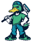 Duck mascot wearing cap and jeans, holding a paint roller, with an angry expression.