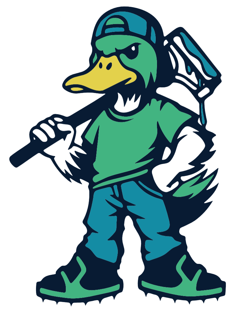 Duck character with a green shirt and hat, holding a paint roller, looking tough.