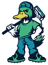 Duck character wearing a cap, shirt, and jeans, holding a paint roller.