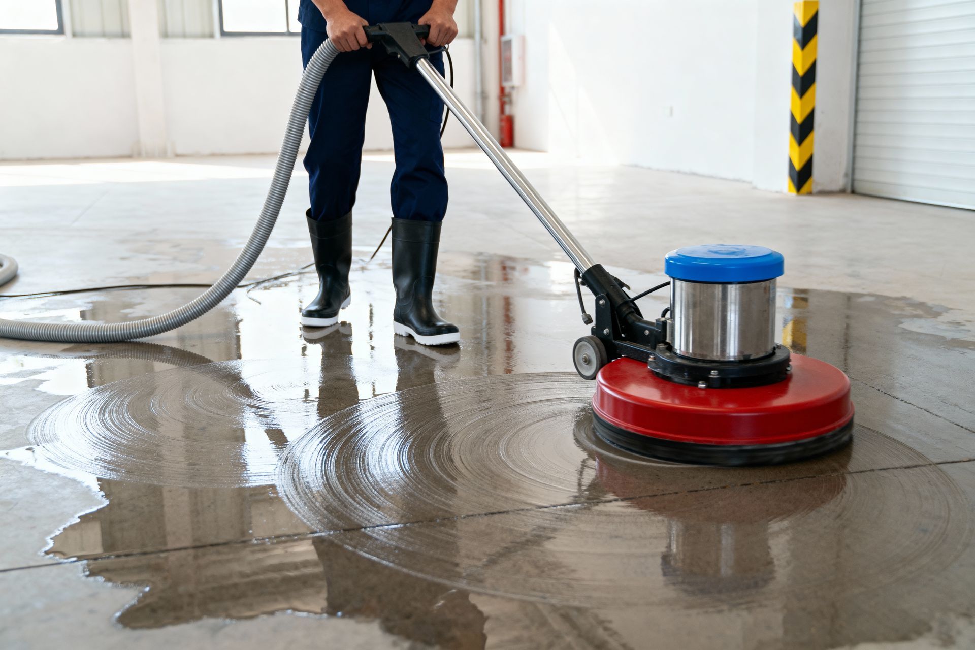 Black epoxy floor with embedded glitter and red 