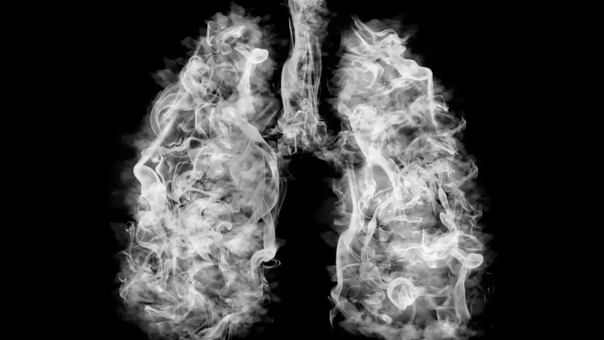 A pair of lungs made of smoke on a black background.