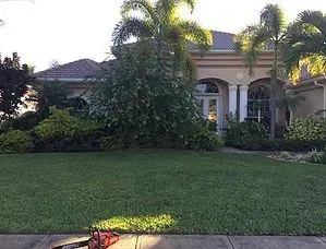 A chainsaw is sitting on the sidewalk in front of a house.
