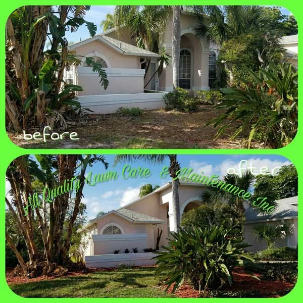 A picture of a house before and after lawn care and maintenance.