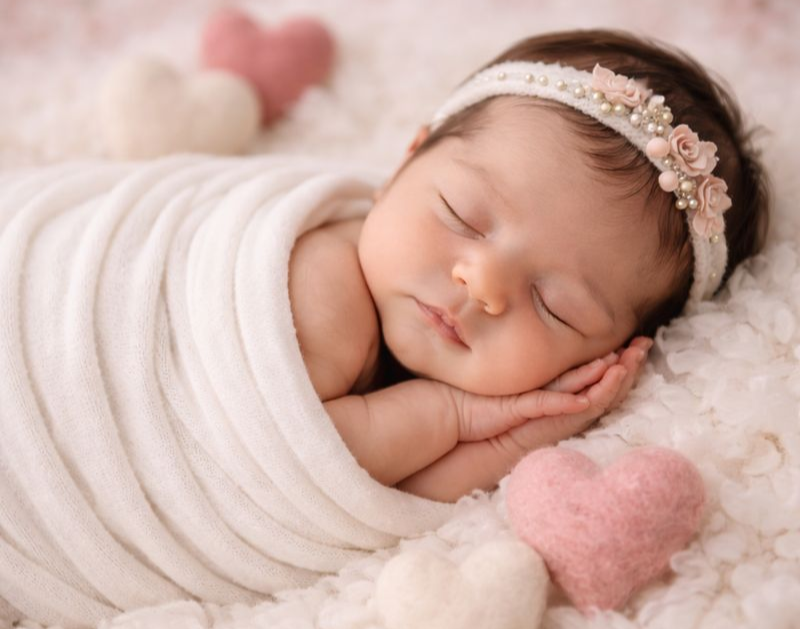 Sleeping baby wrapped in white blanket, wearing floral headband, resting on hands next to heart-shaped decorations.