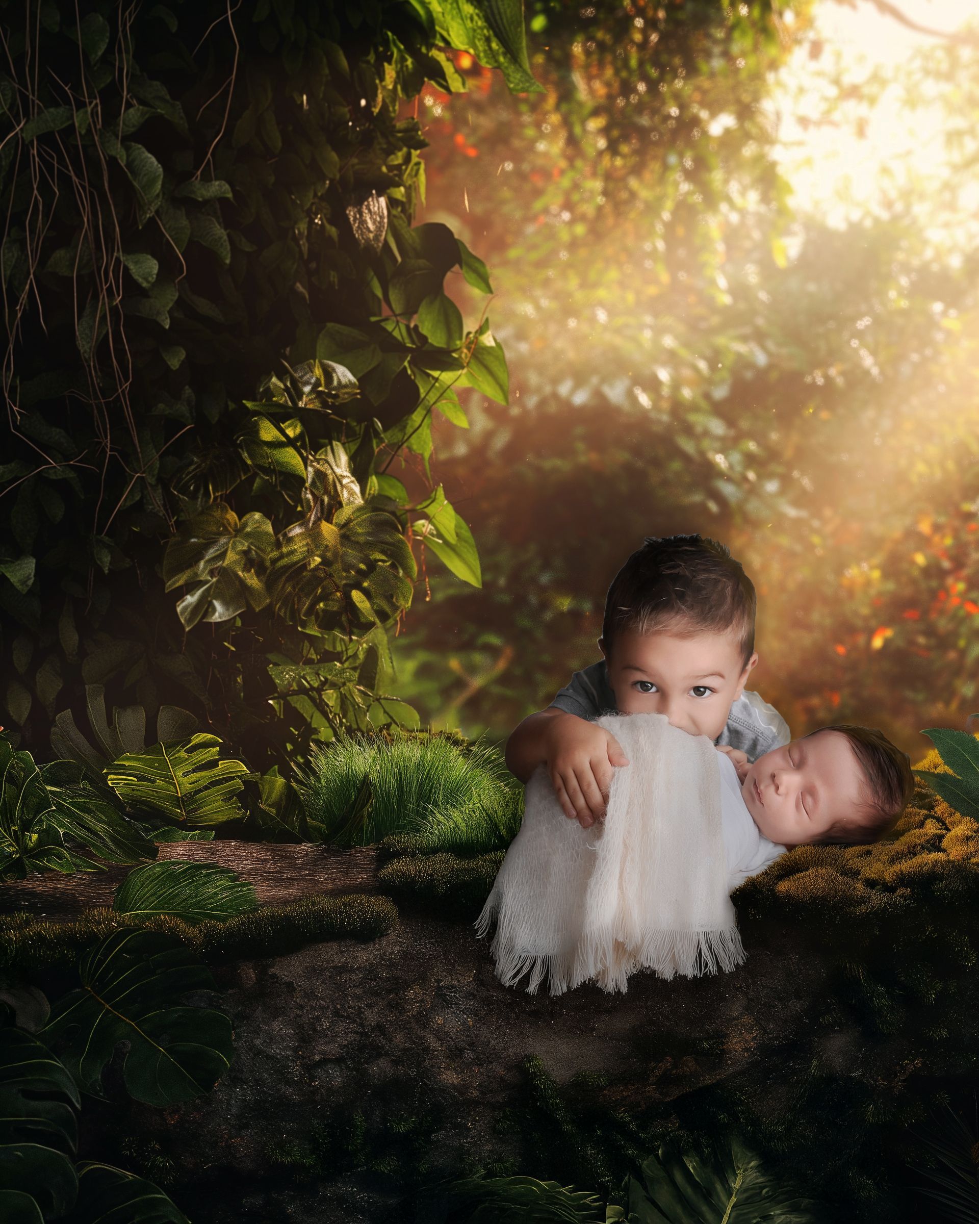 Boy hugging a baby wrapped in white; set in a lush, sunlit forest scene.