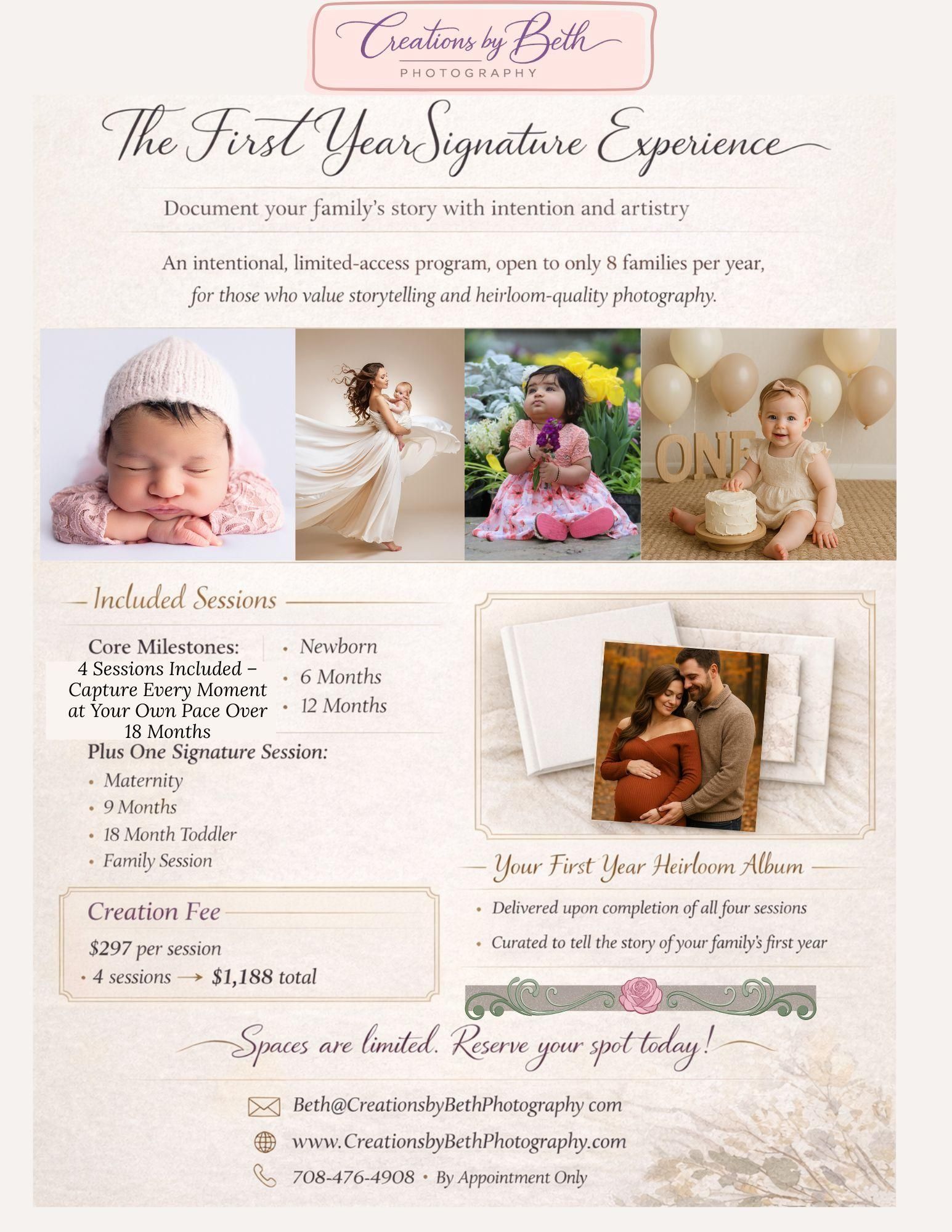 Promotional flyer: Newborn, milestone, and maternity photography package. Includes images and pricing.