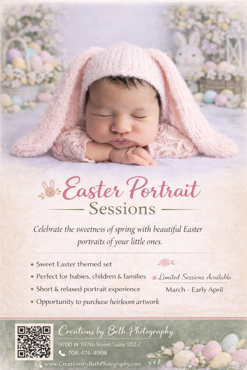 Newborn in pink bunny hat, Easter portrait session promotion. Pastel colors, floral background.