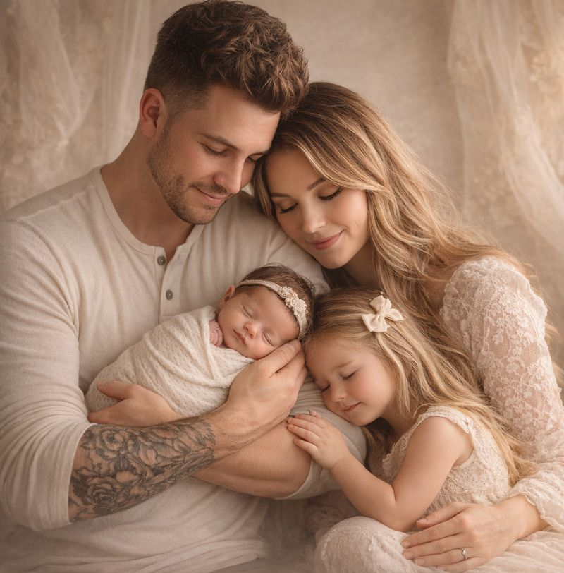 Family of four: parents with two daughters. Newborn swaddled, all in soft neutral tones, hugging.