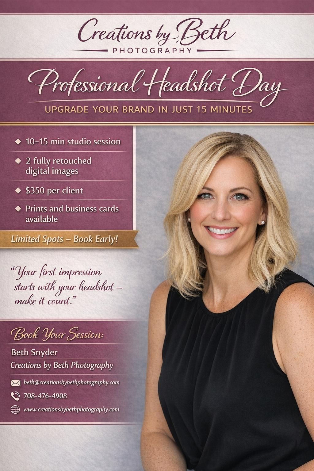 Promotional flyer: Woman smiling, offering headshot photo sessions. Text includes pricing and contact information.