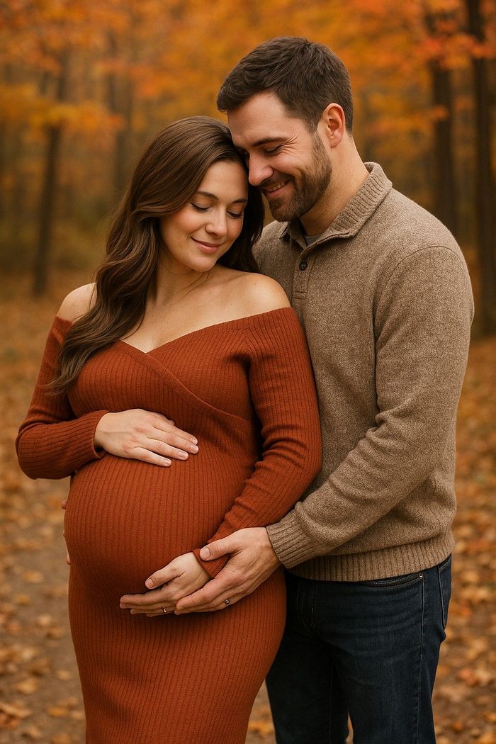 Pregnant woman in rust dress and man embrace outdoors in fall foliage.