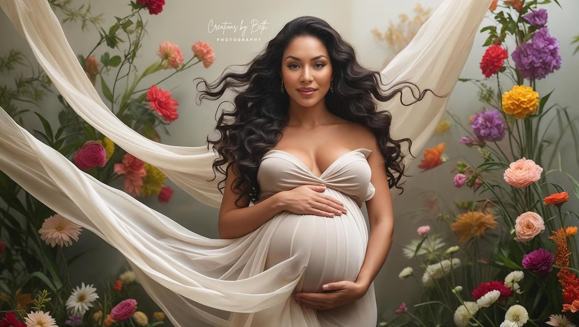 pregnant woman with flowers on the background portrait