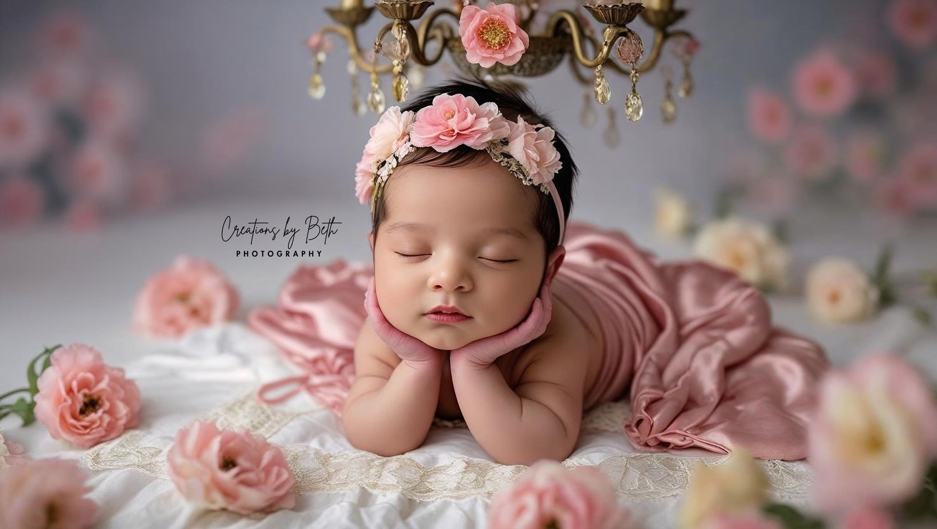 Newborn resting on a white surface, wrapped in pink fabric, surrounded by flowers, and wearing a flower crown.